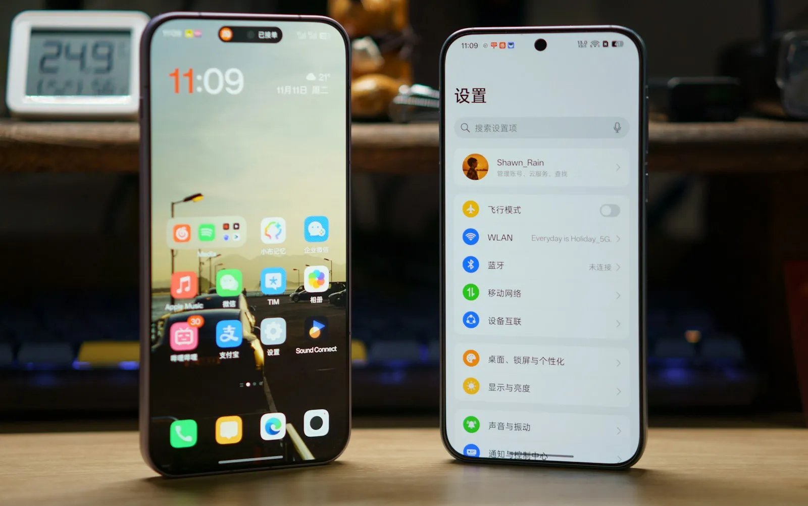 Two smartphones side by side displaying different home screen and settings UIs