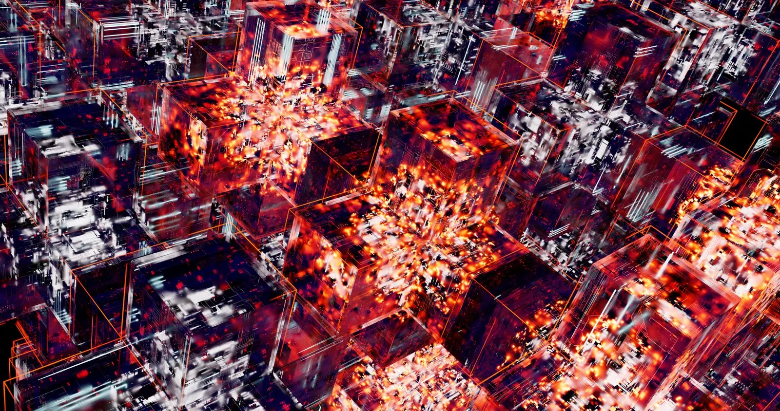 Abstract glowing grid of interconnected cubes representing isolated data structures